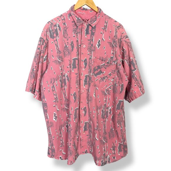 Vintage Button-Up Shirt Abstract Print Men Short Sleeve 2XT Faded Surfer Grunge - Picture 1 of 15